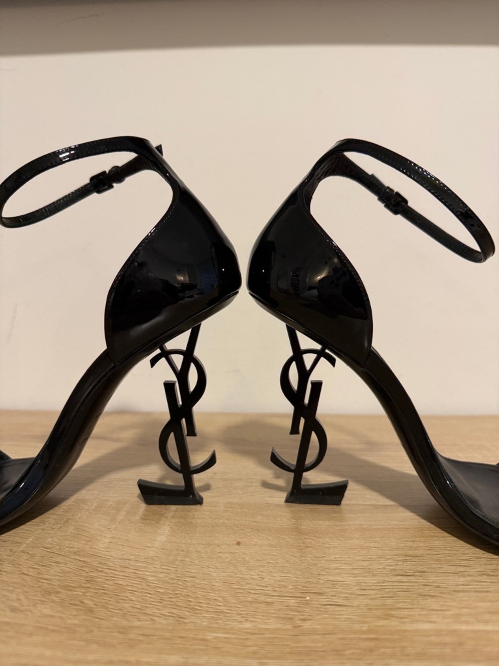 Saint Laurent Black Patent YSL Logo Stiletto Sandals with Ankle Strap - Picture 2 of 6